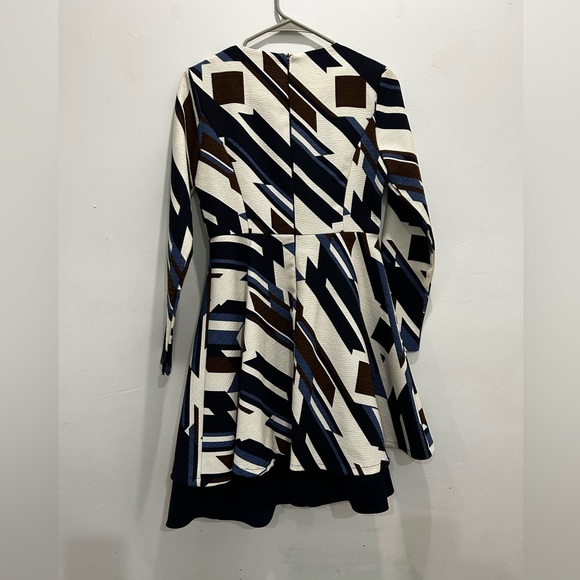 Pinkyotto Beige and Blue Abstract Geometric Textured Printed Ruffle Dress - Picture 2 of 8